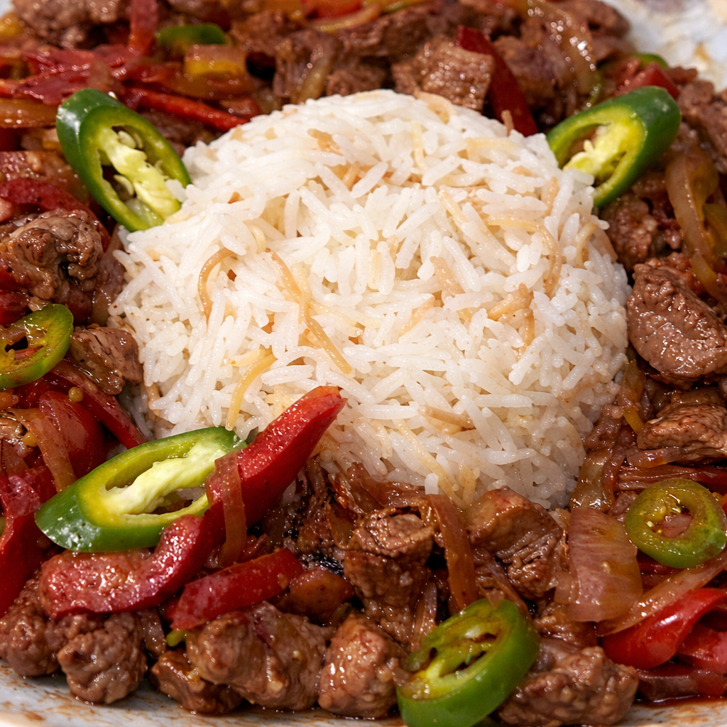 Tigaie libaneză de vită servită complet într-un restaurant cu specific oriental din București