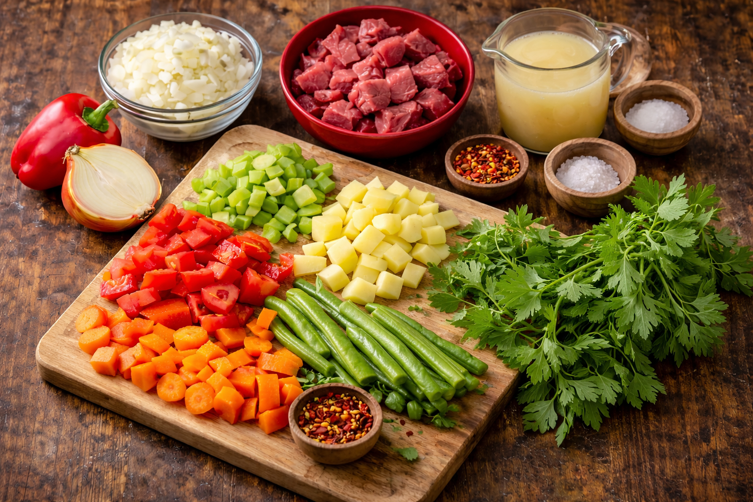 Ingrediente pentru ciorbă de văcuță: ceapă, ardei gras, cartofi, morcovi, țelină și fasole verde