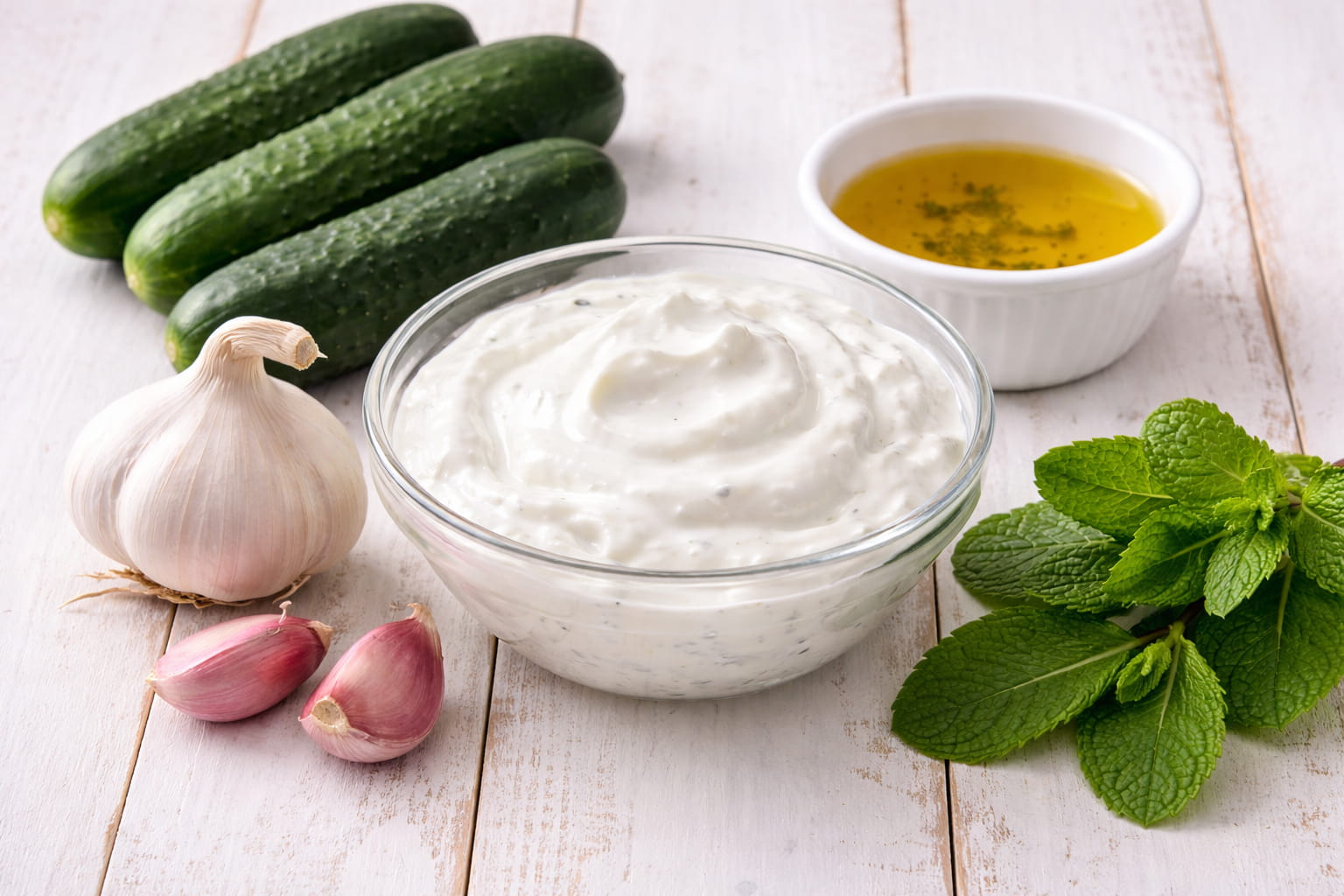 Salata Tzatziki ingrediente iaurt castraveți usturoi ulei de măsline mentă