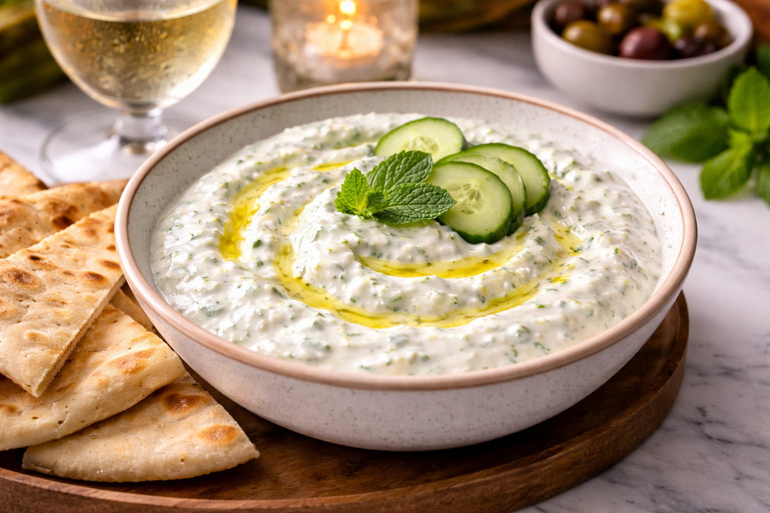 Salata Tzatziki servită în restaurant oriental cu preparate tradiționale