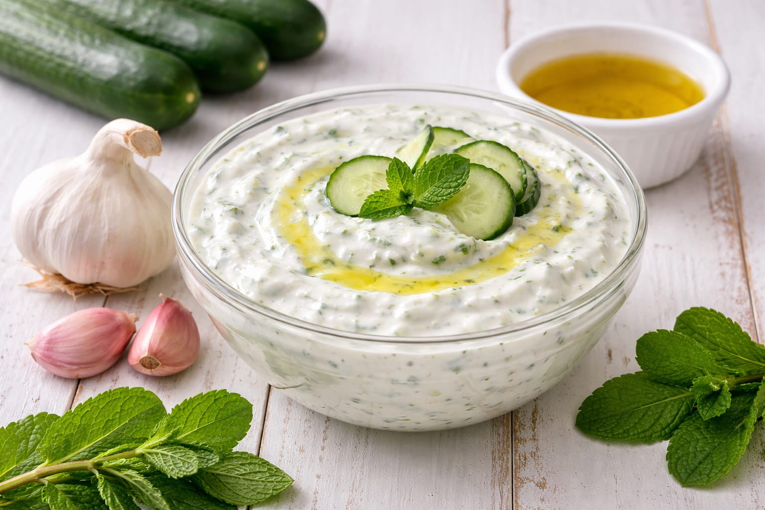 Salata Tzatziki preparată după rețeta autentică cu iaurt și castraveți