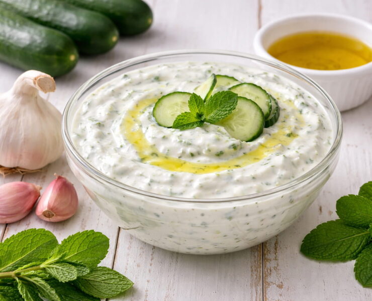 Salata Tzatziki preparată după rețeta autentică cu iaurt și castraveți