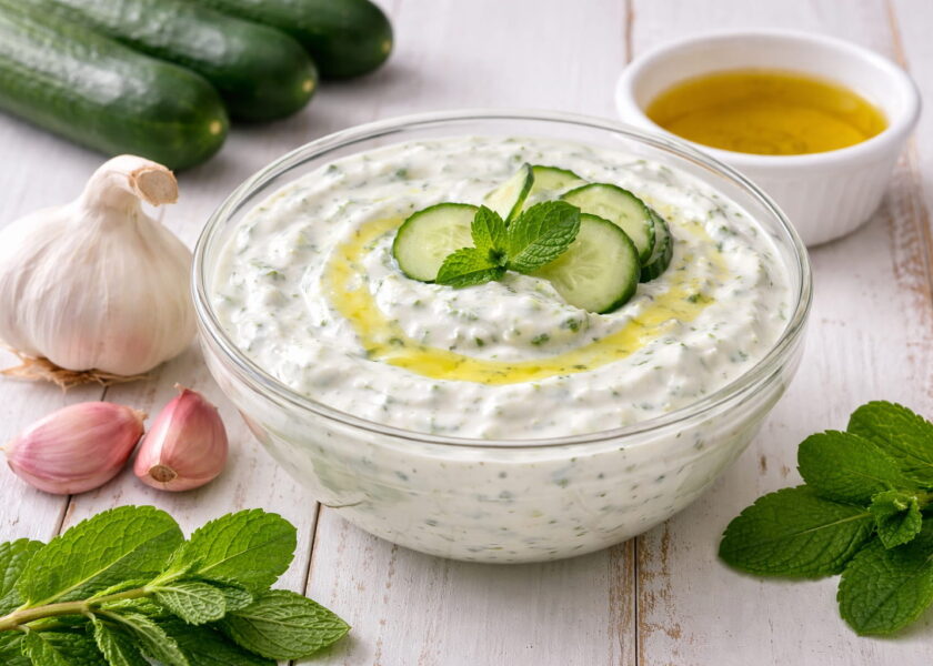 Salata Tzatziki preparată după rețeta autentică cu iaurt și castraveți